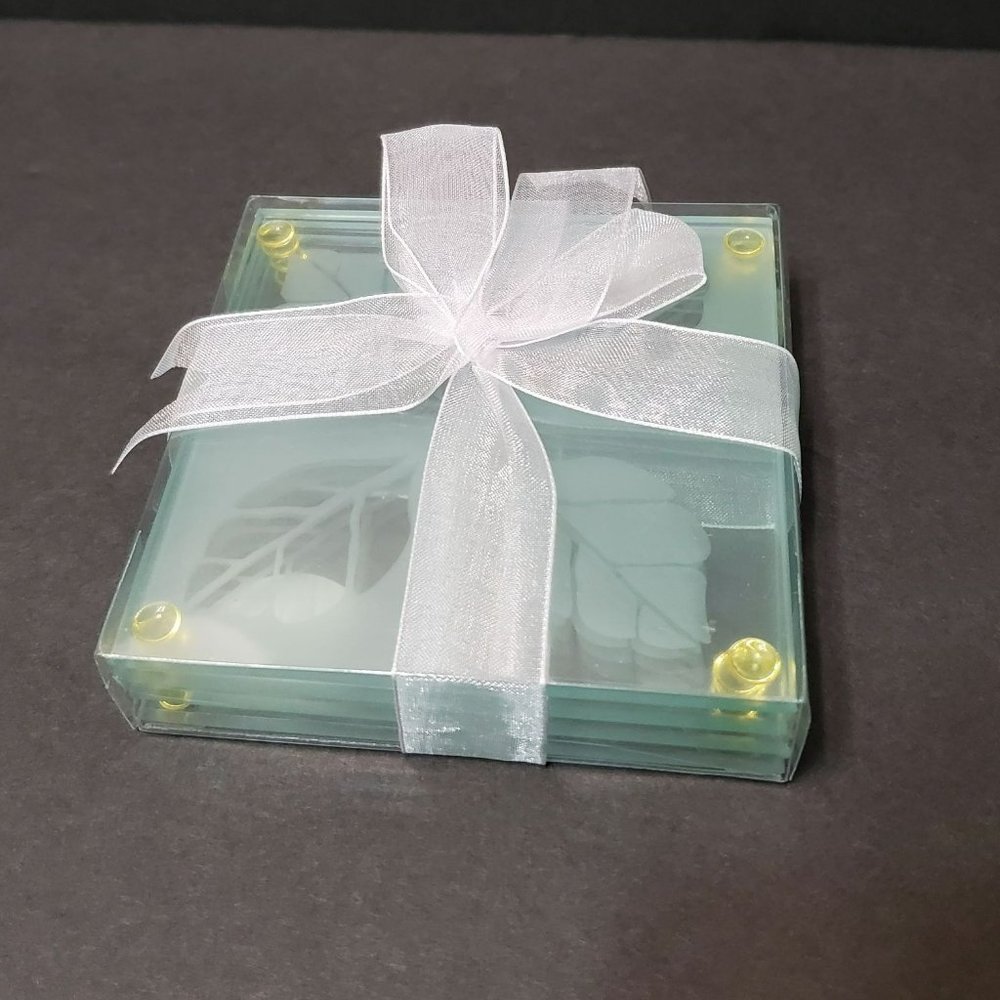 Kate Aspen Glass Coasters, set of 4, Square with Fall in Love Leaf design NWT